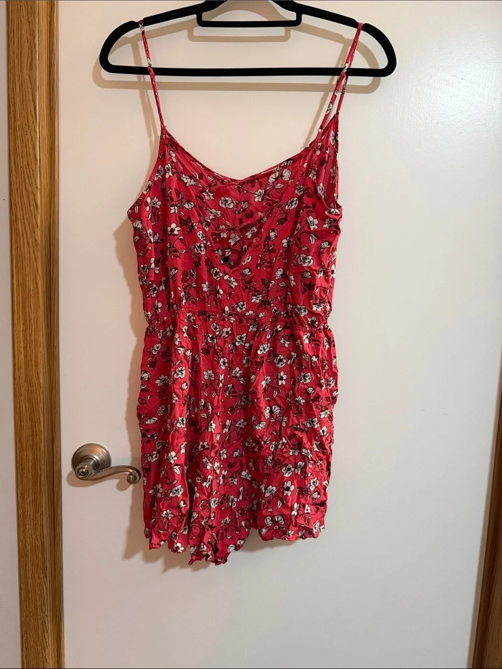 Divided Red Floral Spaghetti-Strap Romper